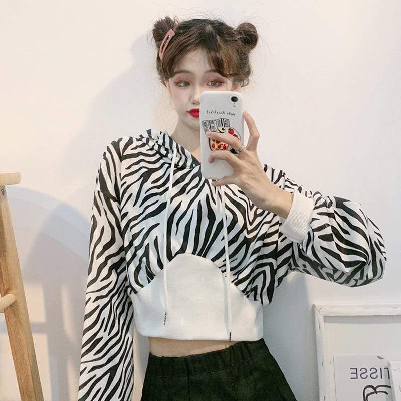 Kawaiifashion sudaderas con capucha de manga larga a rayas de cebra de moda coreana de talla única para mujer