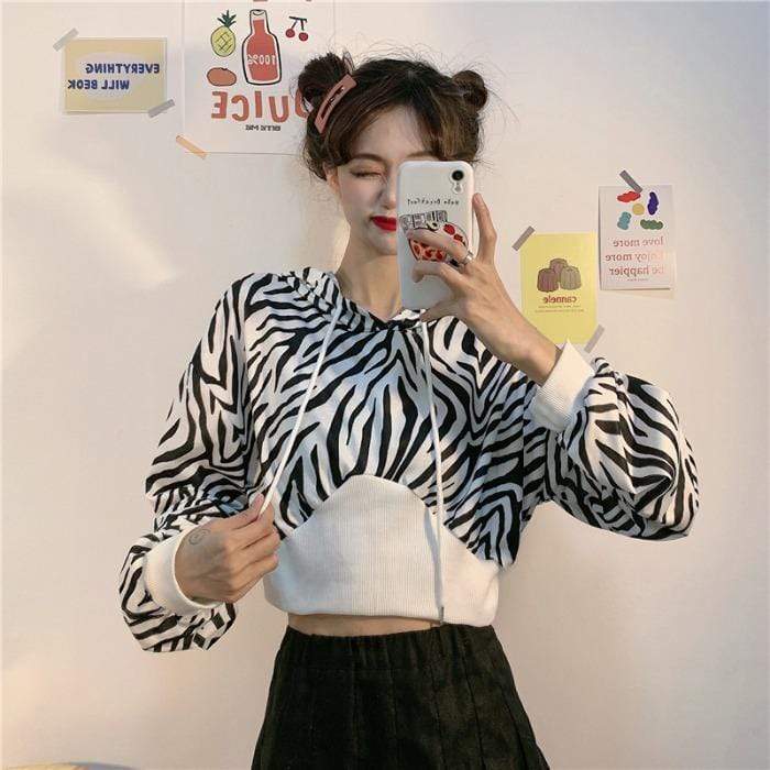 Kawaiifashion One Size Women's Korean Fashion Zebra Striped Long Sleeved Hoodies