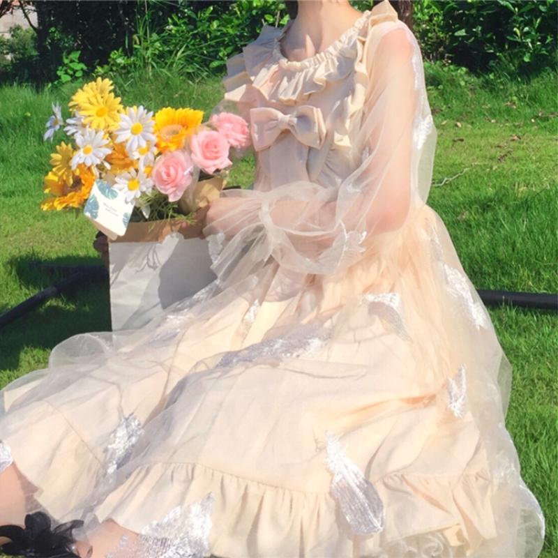Lolita Bowknot Mesh Vestidos de manga larga para mujer-Kawaiifashion
