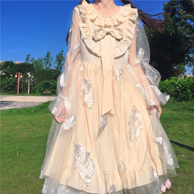 Lolita Bowknot Mesh Vestidos de manga larga para mujer-Kawaiifashion