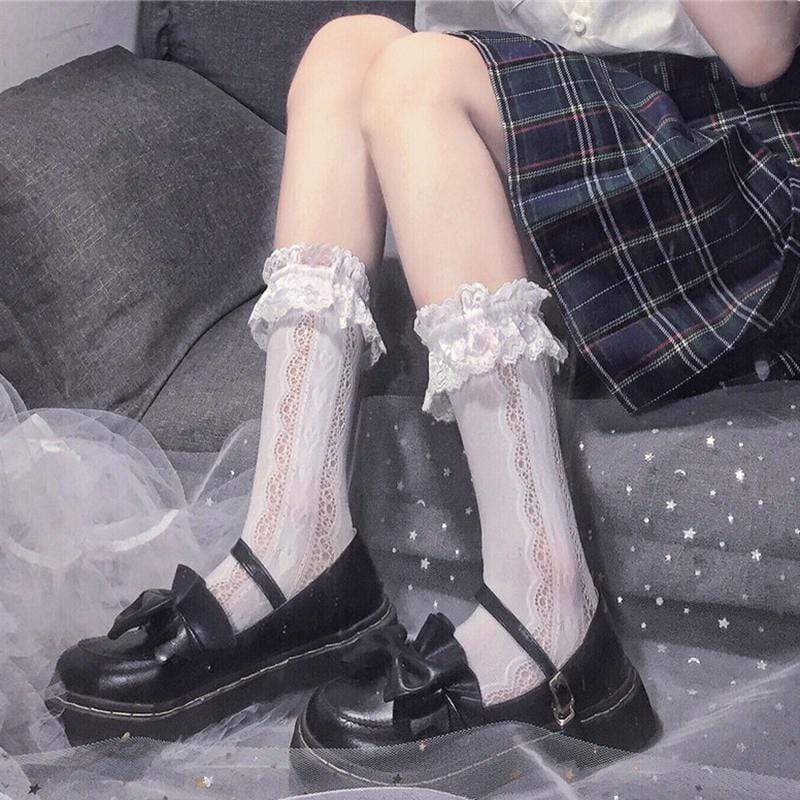 Women's Lolita Hollow Out Lace White Socks-Kawaiifashion