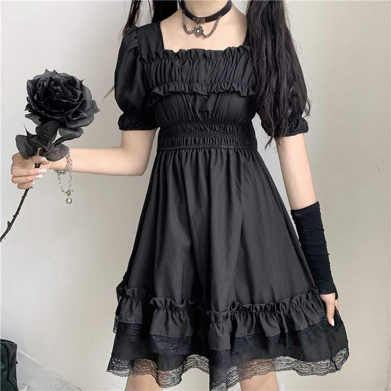 Women's Lolita Lace Falbala Little Black Dresses-Kawaiifashion