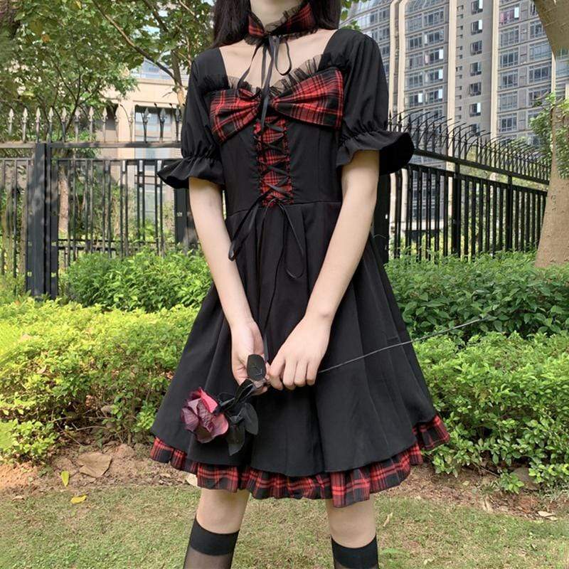 Vestidos Falbala a cuadros con cordón y mangas trompeta de Lolita para mujer-Kawaiifashion