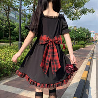 Vestidos Falbala a cuadros con cordón y mangas trompeta de Lolita para mujer-Kawaiifashion