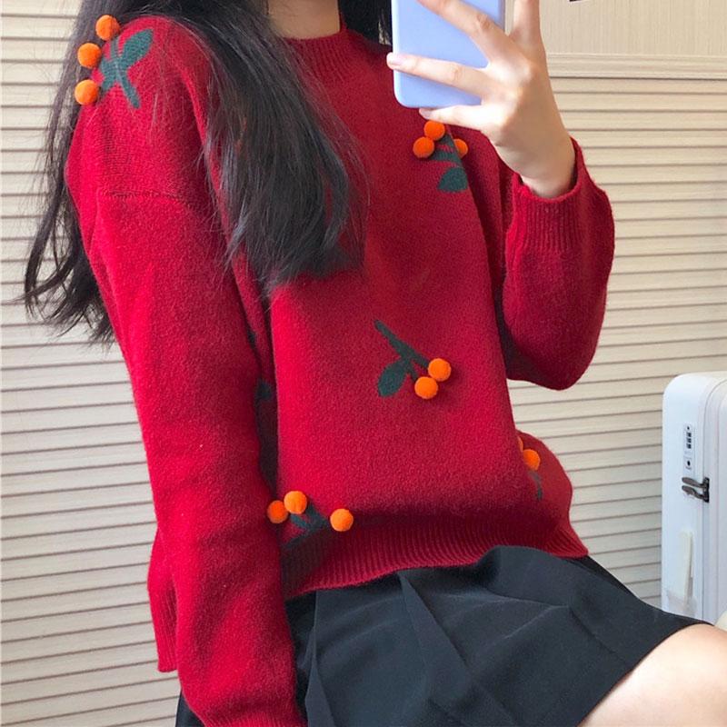 Kawaiifashion-suéteres sueltos de cereza para mujer, talla única