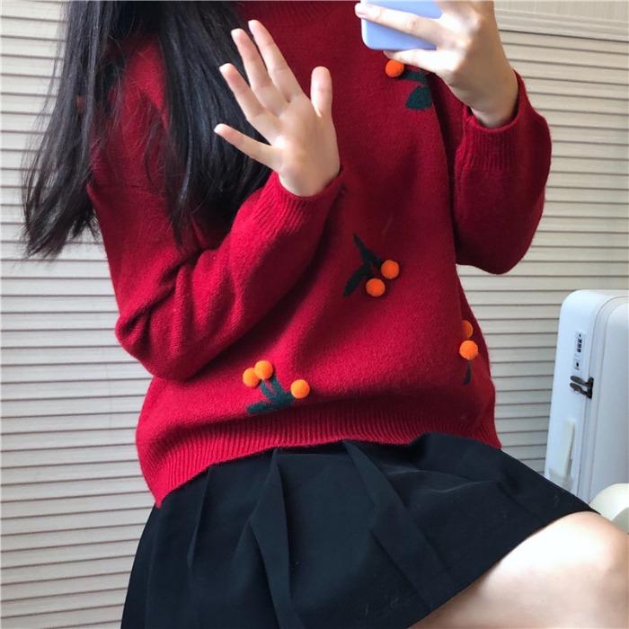 Kawaiifashion One Size Women's Lovely Cherry Loose Sweaters