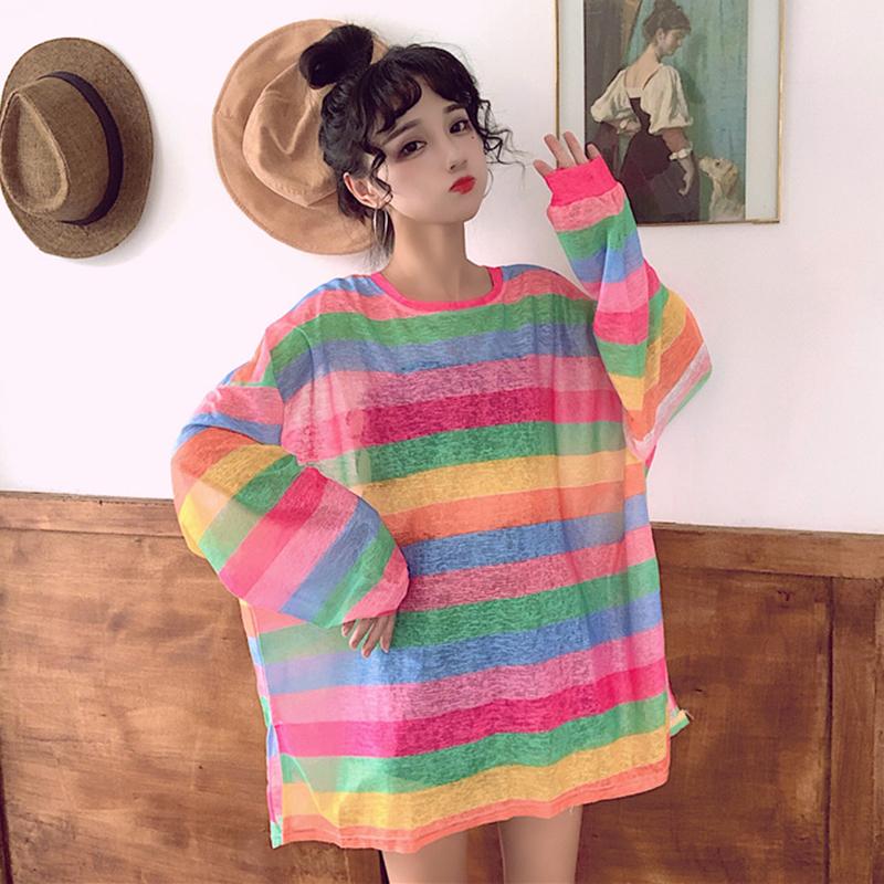 Camisas sueltas de rayas arcoíris para mujer-Kawaiifashion