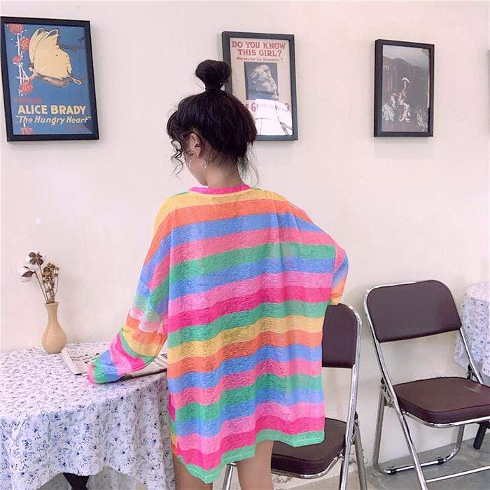 Women's Rainbow Stripes Loose Shirts-Kawaiifashion
