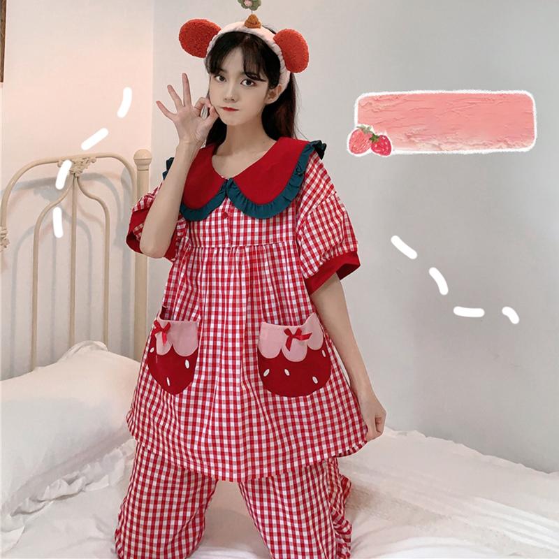 Pijama de cuadros con bolsillo de fresa para mujer-Kawaiifashion