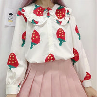 Women's Strawberry Printed Peter Pan Collar Shirt-Kawaiifashion