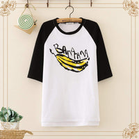 Kawaiifashion - Camisetas con mangas de color en contraste con estampado de plátano dulce para mujer
