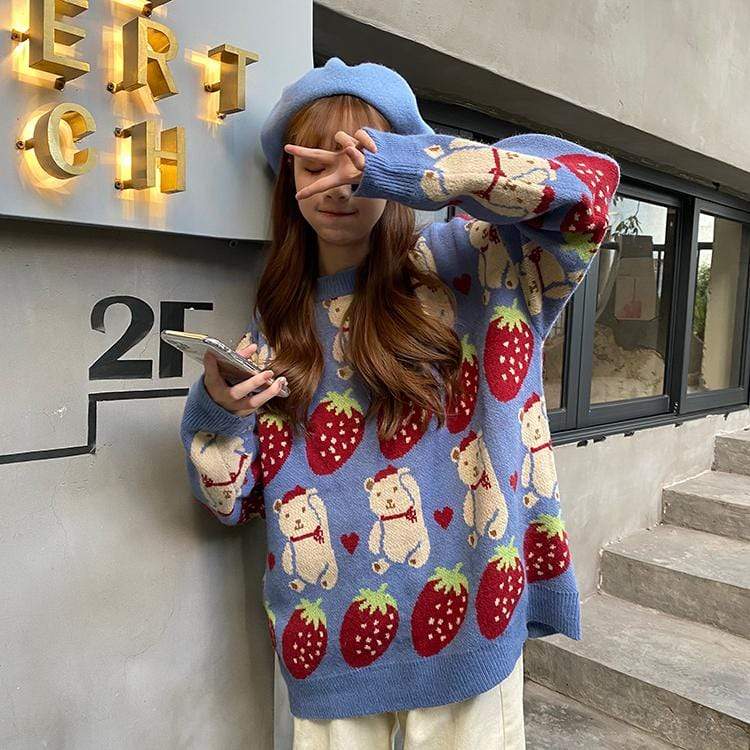 Kawaiifashion One Size Women's Sweet Bears And Strawberries Embroidered Loose Sweater