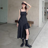 Women's Sweet Buckle-up Irregular A-line Black Dresses-Kawaiifashion