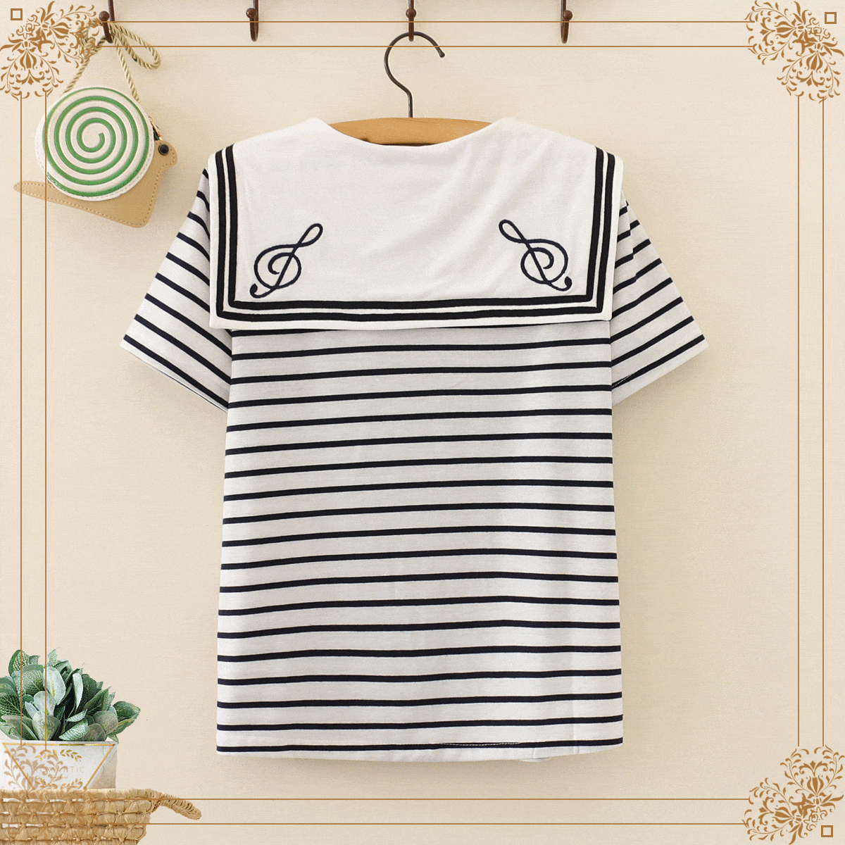 Kawaiifashion One Size Women's Sweet Contrast Color Striped Sailor Collar Note Embroidered Tees