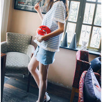 Kawaiifashion T-shirt a maniche lunghe con nappine a righe a contrasto di colore unico da donna