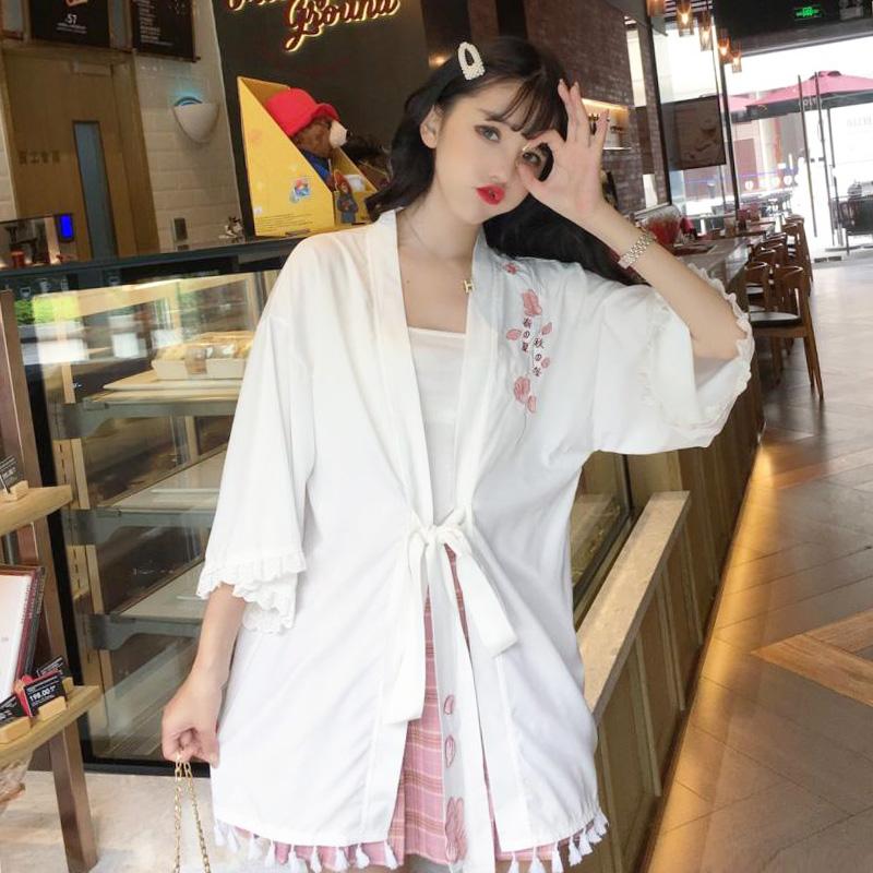 Kimono-Kawaiifashion a maniche corte ricamate a fiori dolci da donna