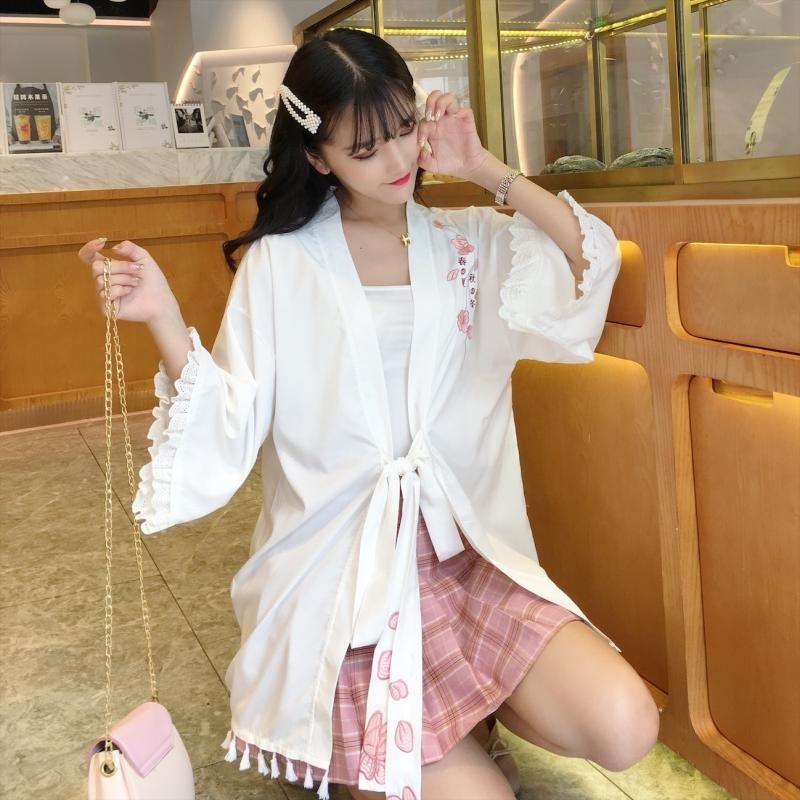 Kimono-Kawaiifashion de manga corta con bordado de flores dulces para mujer