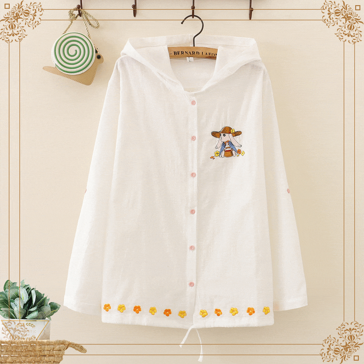 Kawaiifashion One Size Women's Sweet Girl Floral Embroidered Hoodied Cape Blazers With Color Button 