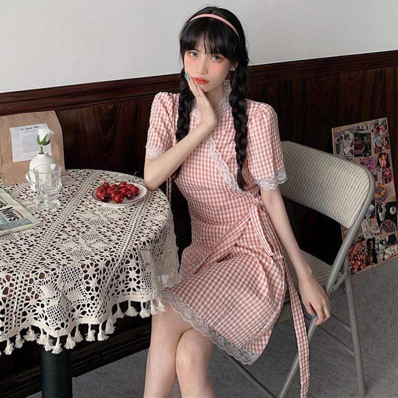 Women's Sweet Lace Ruffles Drawstring Cheong-sam Dresses-Kawaiifashion