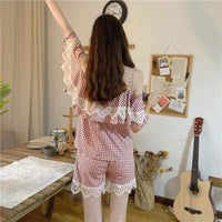 Женская пижама в клетку с милыми кружевными оборками, один комплект-Kawaiifashion