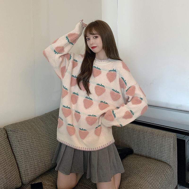 Kawaiifashion One Size Women's Sweet Peaches Embroidered Loose Sweaters