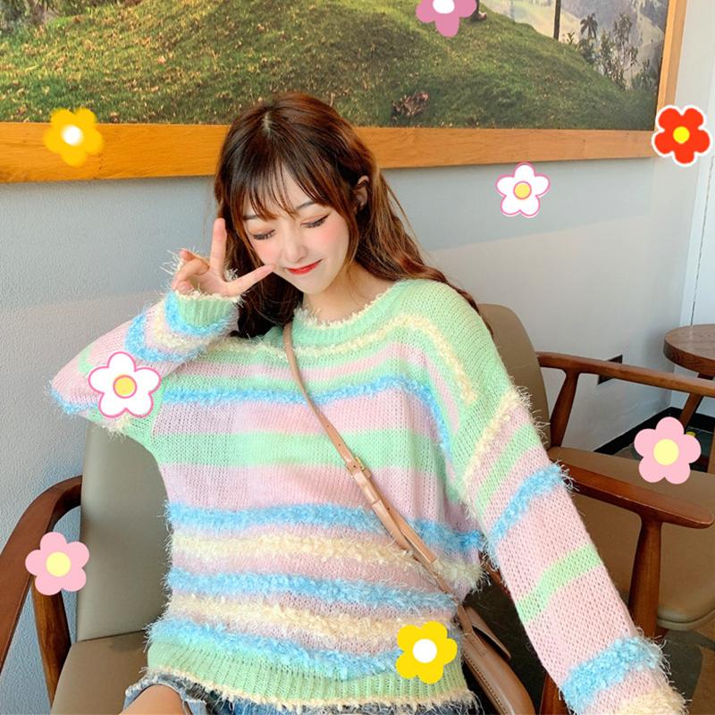 Kawaiifashion One Size Women's Sweet Rainbow Striped Long Sleeved Loose Sweaters