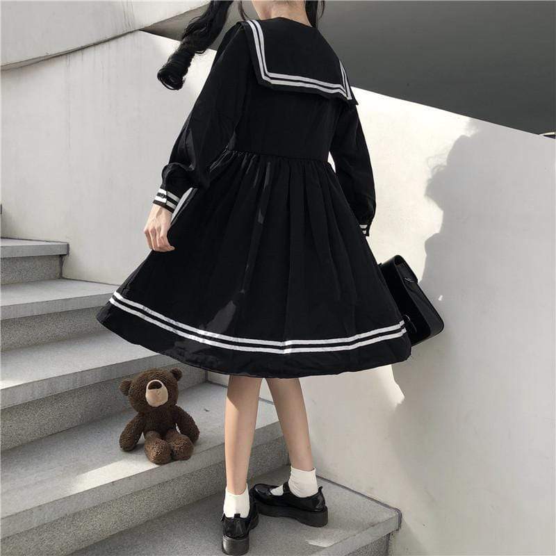 Women's Sweet Sailor Collar Contast Color High-waisted Dresses With Bowknot