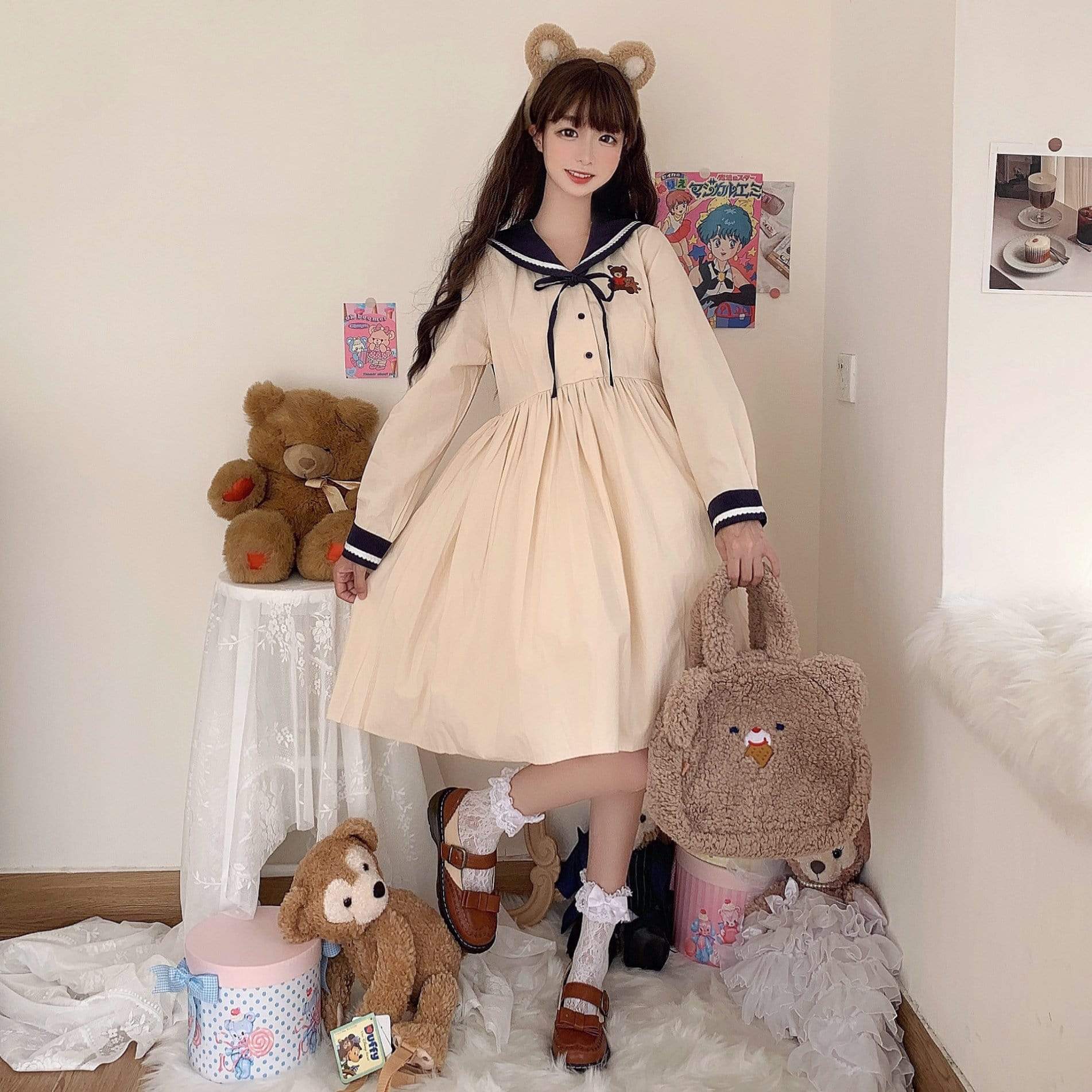 Women's Sweet Sailor Collar High-waist Bears Dresses 