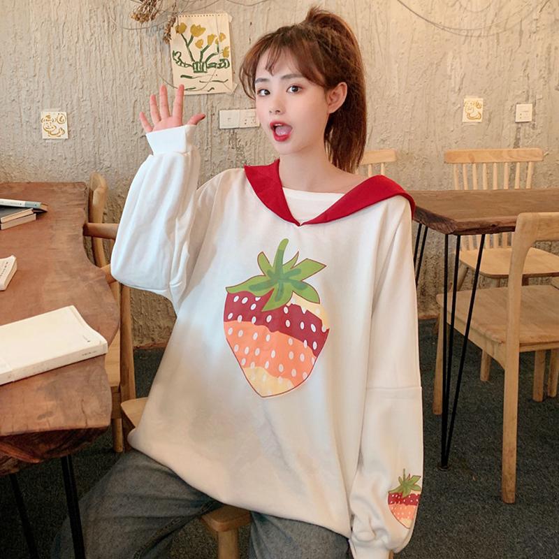 Kawaiifashion One Size Damen-Pullover mit süßem Matrosenkragen und Erdbeer-Print