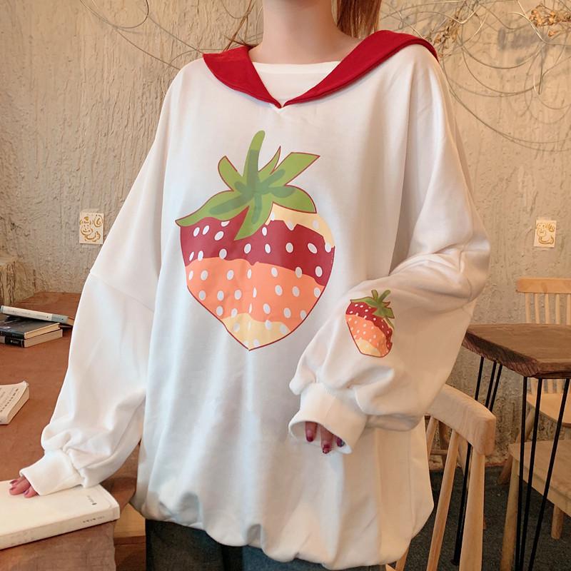 Kawaiifashion One Size Women's Sweet Sailor Collar Strawberry Printed Sweaters 