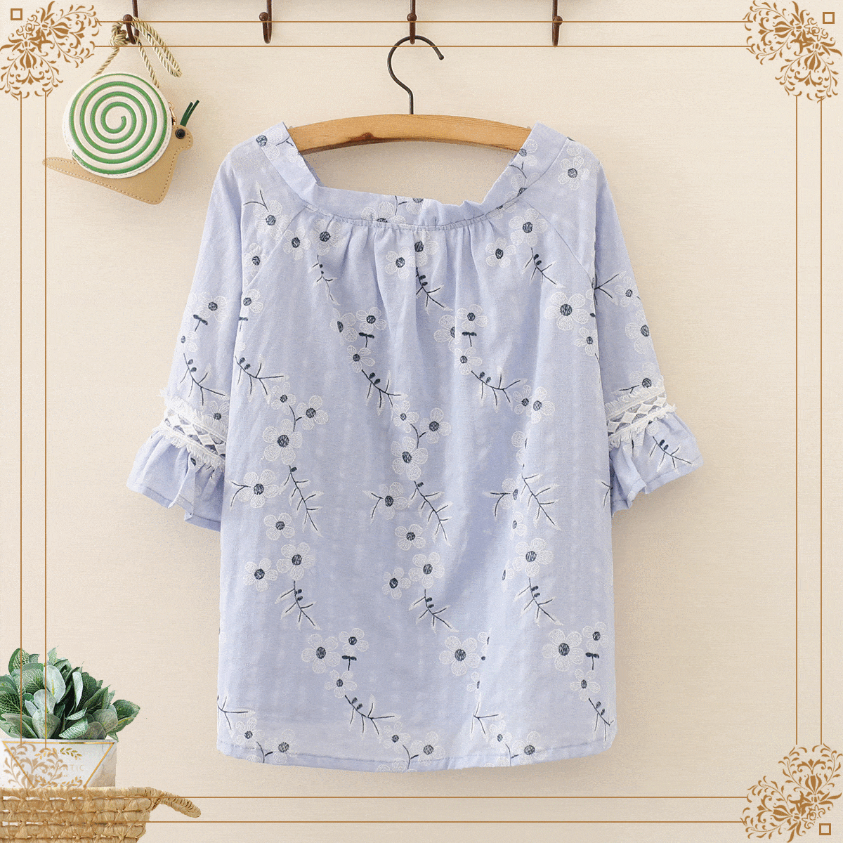 Kawaiifashion One Size Women's Sweet V-neck Floral Embroidered Falbala Sleeved Tees