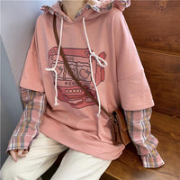 Kawaiifashion - Sudaderas con capucha para máquina expendedora de talla única para mujer, camisas a cuadros de empalme