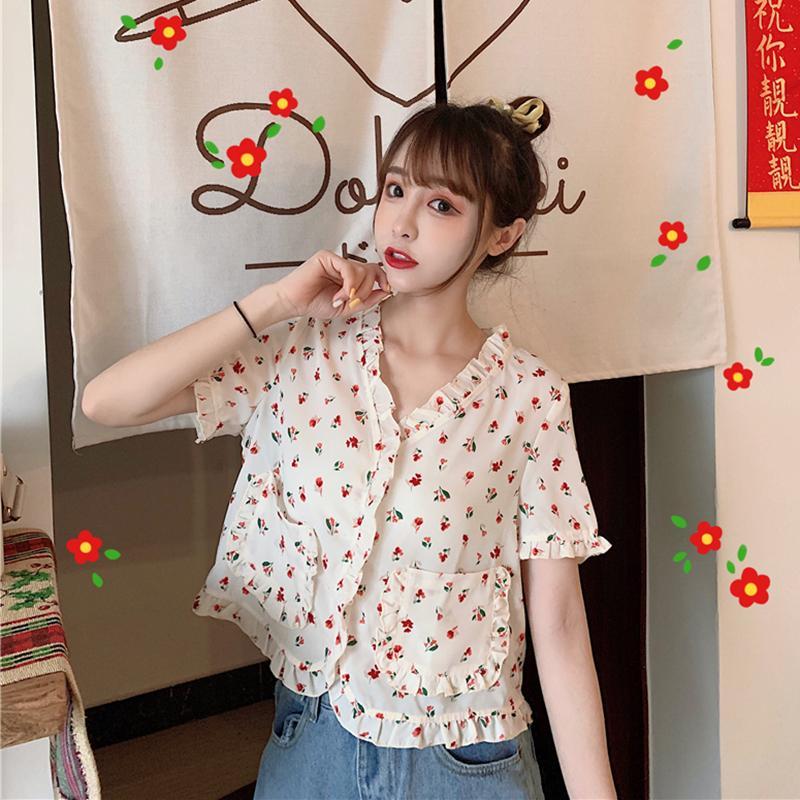 Women's V-neck Floral Shirt-Kawaiifashion
