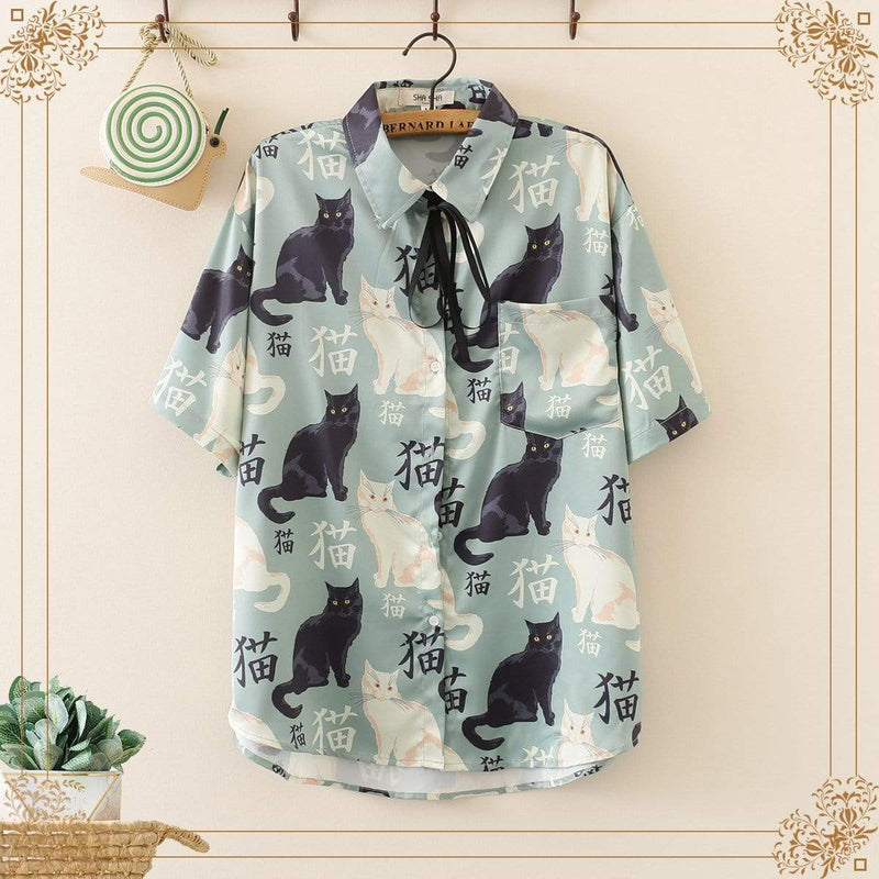 Kawaiifashion One Size Women's Vintage Cats Printed Lace-up Shirts