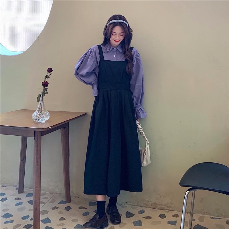 Robe salopette noire taille haute vintage pour femme