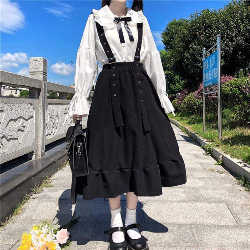 Women's Vintage Peter Pan Collar Shirts With Bowknot And A-line Overall Skirts
