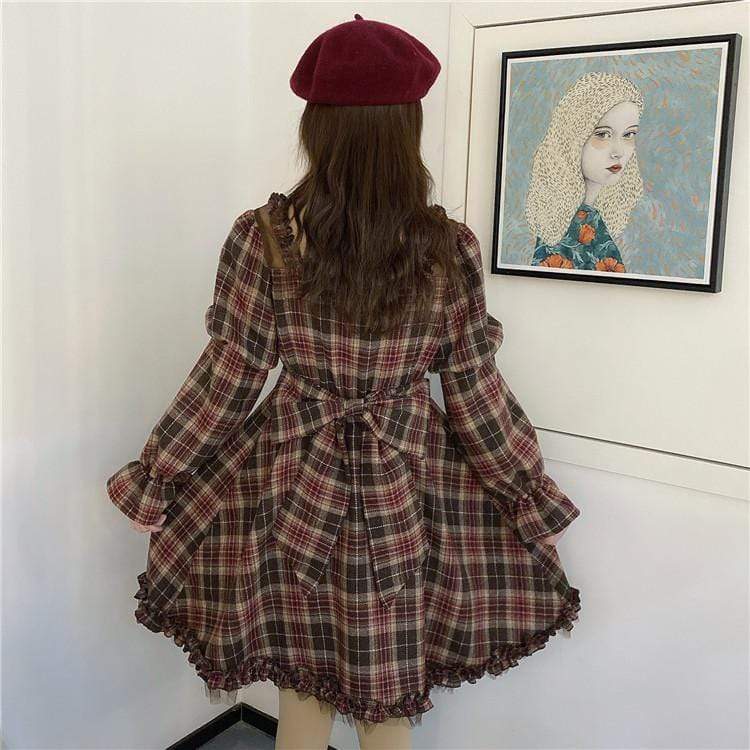 Kawaiifashion One Size Women's Vintage Puff Sleeved Bowknots Plaid Dresses With Choker