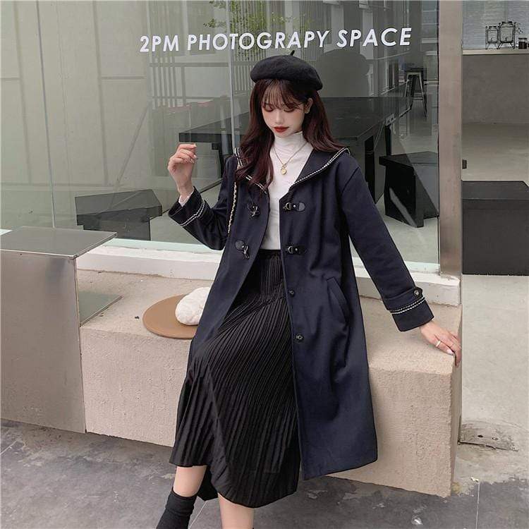 Kawaiifashion One Size Women's Vintage Sailor Collar Long Coats With Horn Buttons 