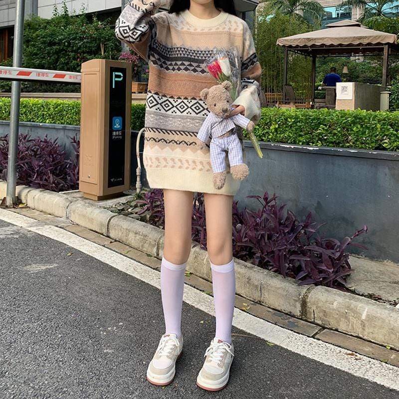 Kawaiifashion One Size Women's Vintage Striped And Argyle Jacquard Loose Sweaters