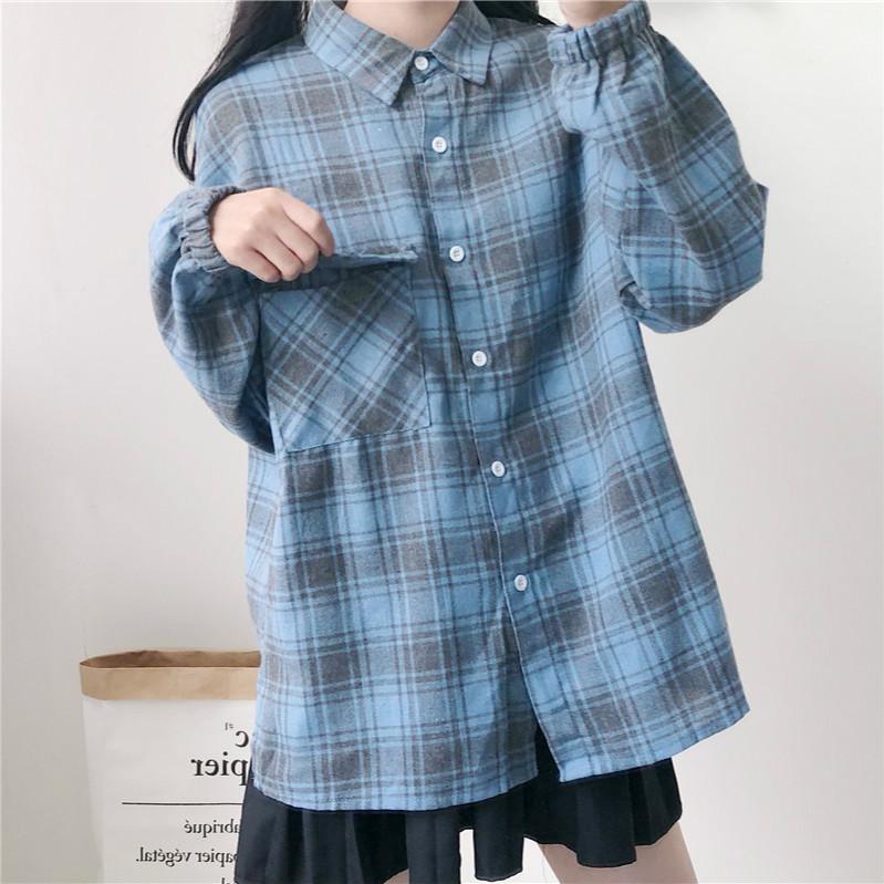 Kawaiifashion One Size Damen-Vintage-Hemden mit kontrastfarbenem Karomuster