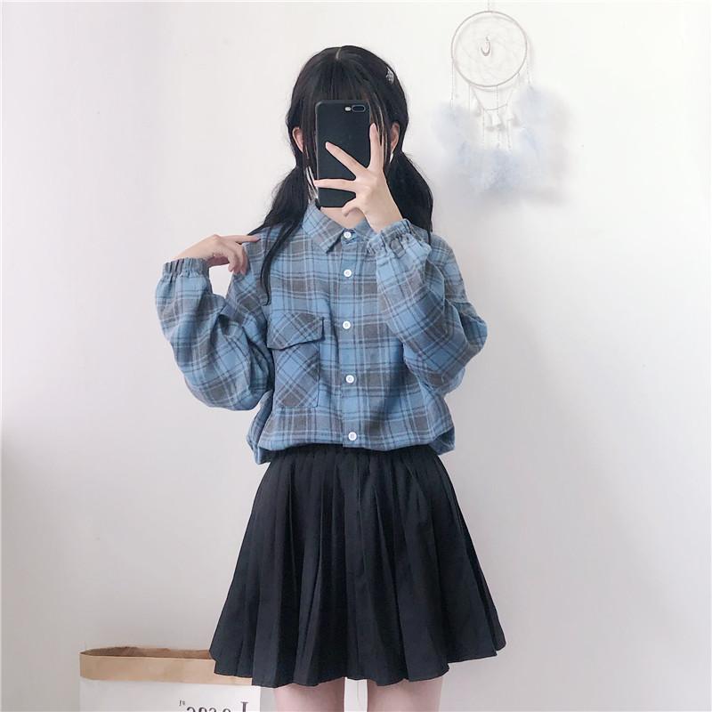 Kawaiifashion One Size Womnen's Vintage Contrast Color Plaid Shirts