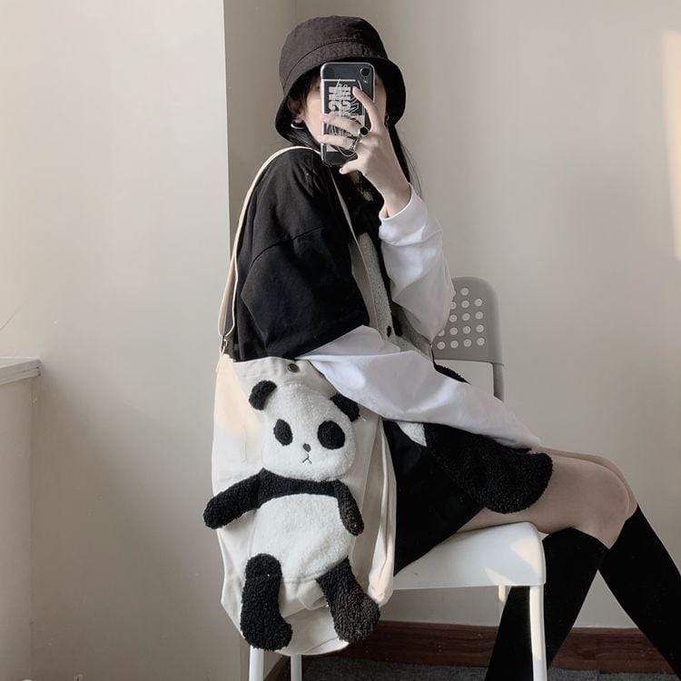 Panda False Two-piece Long Sleeved Tee - Kawaiifashion