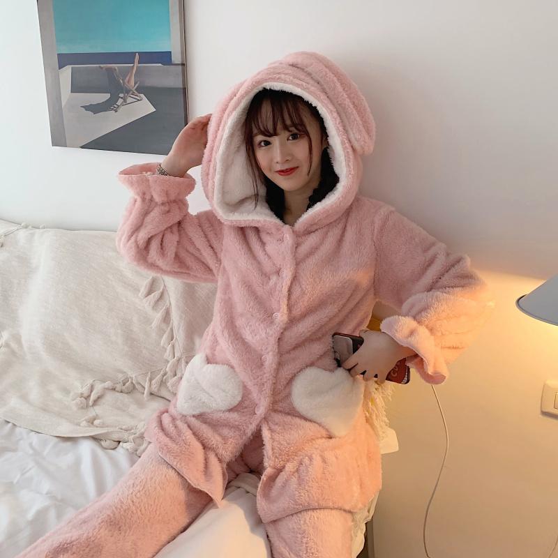 Bunny ears Pink Pajamas With Heart Pocket - Kawaiifashion