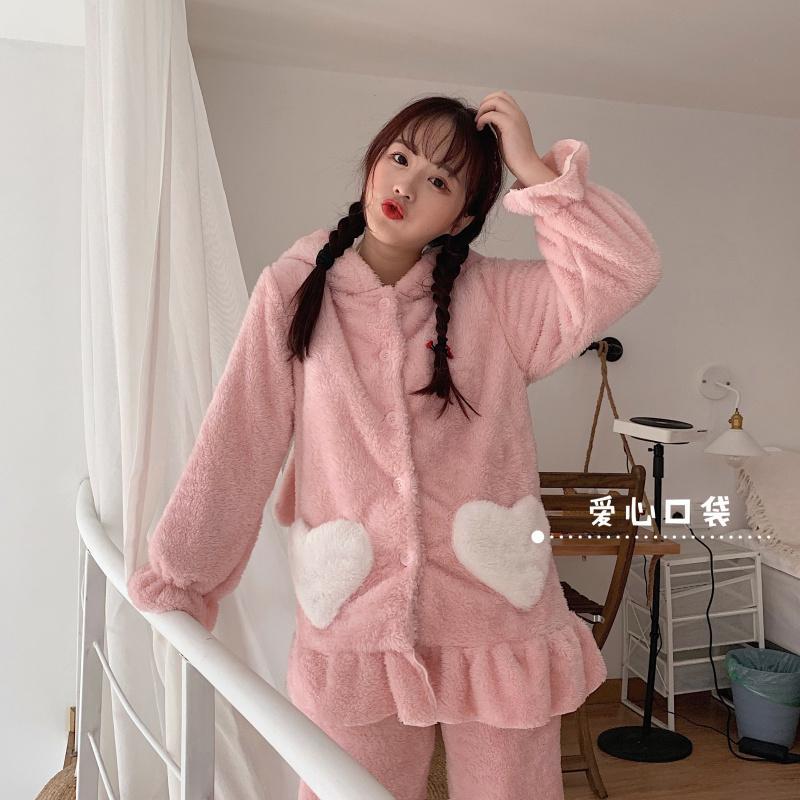 Bunny ears Pink Pajamas With Heart Pocket - Kawaiifashion