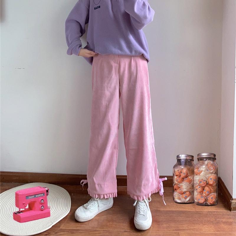 Kawaiifashion pantalones rectos de color puro con dobladillo falbala con cordones dulces para mujer, color rosa