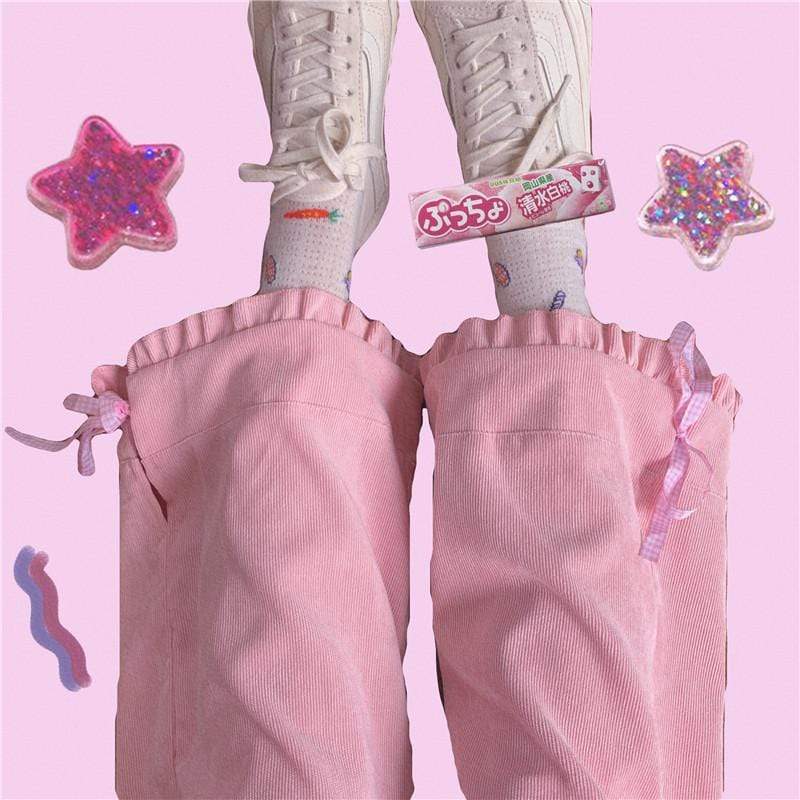 Kawaiifashion pantalones rectos de color puro con dobladillo falbala con cordones dulces para mujer, color rosa