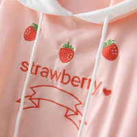 Kawaiifashion pink Women's Sweet Strawberry Embroidered Falbala Contrast Sleeved Hoodies