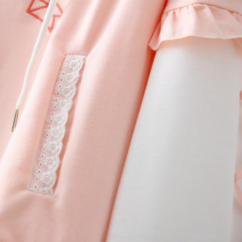 かわいいファッション ピンク レディース スウィート ストロベリー 刺繍 ファルバラ コントラスト スリーブ パーカー