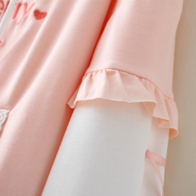 かわいいファッション ピンク レディース スウィート ストロベリー 刺繍 ファルバラ コントラスト スリーブ パーカー