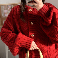 Kawaiifashion red Women's Vintage Red Single-breasted Loose Winter Cardigans